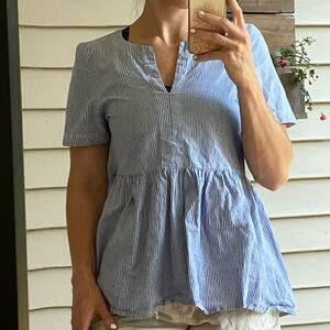 Anthropologie 11•1TYLHO Blue & White Striped Babydoll Top Coastal Cowgirl Cotton